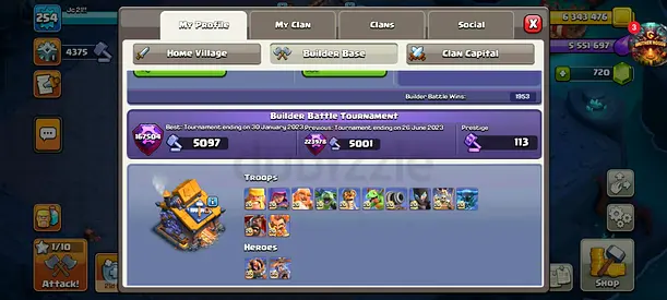 Clash of Clans account - high Builder Base trophies, max troops, max heroes.