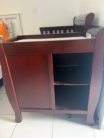 Solid Wood Baby Crib with Storage Shelves - Dark Brown
