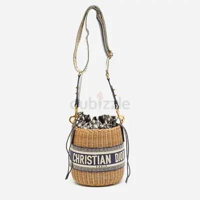 Authentic Dior Wicker Drawstring Navy Blue Oblique Canvas and Rattan Bucket Bag