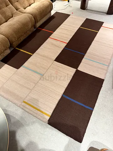 Long Modern Brown  Beige Runner Rug with Color Accent Stripes