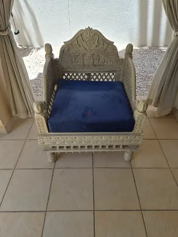 2 x Ornate Carved Wooden Accent Chair with Blue Cushions