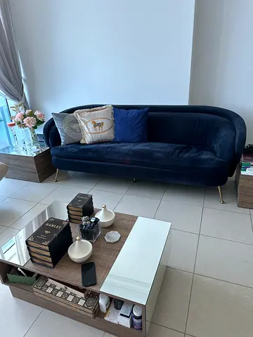 Dark Blue Velvet 2-Seater Sofa in very Good Condition with three tables