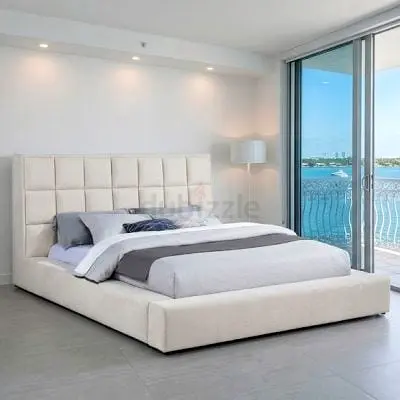 Modern Low-Profile Upholstered King Bed with Padded Headboard