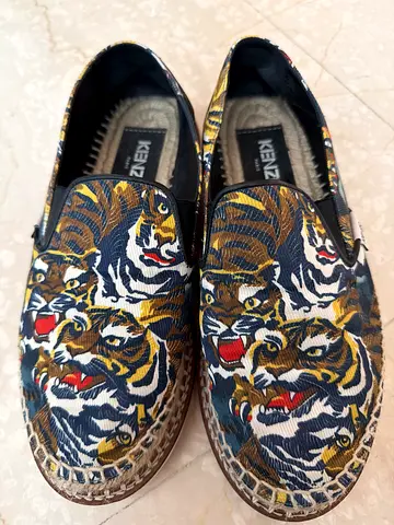 KENZO tiger-print espadrilles, canvas slip-ons.