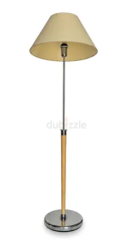 Slim Chrome and Wood Floor Lamp with Beige Shade