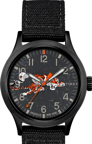 Timex Mens Black Field Watch ,timex tribute collection with Tiger Dial — Indiglo,NFL