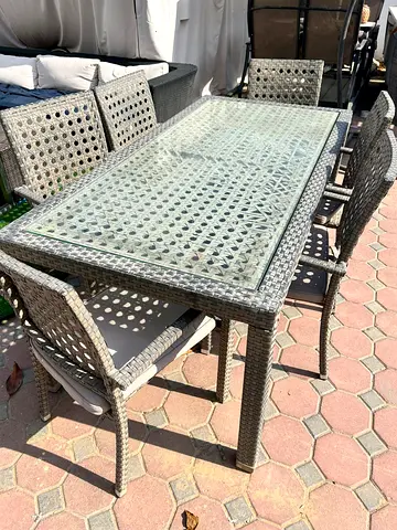 6-Seater Outdoor Wicker Dining Table with Glass Top and Chairs