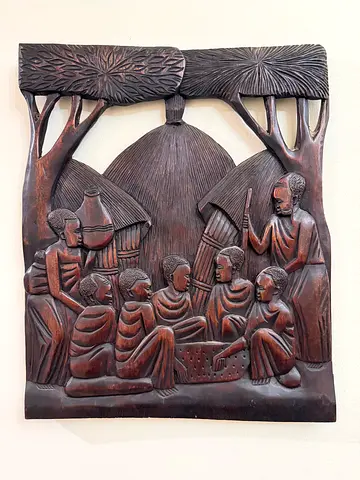 Hand-Carved Wooden Panel Depicting Traditional Village Scene 50/40cm