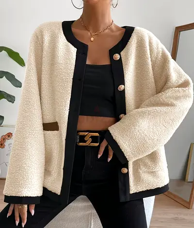 Cream Sherpa Jacket with Black Trim and Gold Buttons - Size M/L