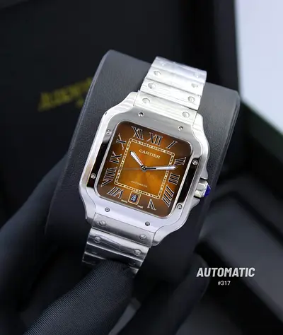 Cartier Santos Automatic Stainless Steel Master Copy Watch with Brown Dial