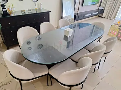 Modern Glass Dining Table with 8 Upholstered Chairs + mirror + three + console - Excellent Condition