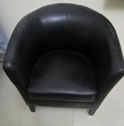 Black faux leather tub chair — compact armchair in good condition -2nos