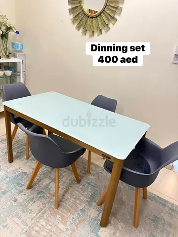 Wooden Dining Table with 4 Grey Armchairs - Good Condition