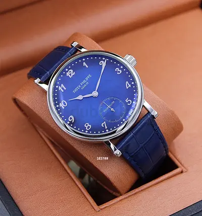 Patek Philippe mens blue dial wrist Master Copy watch with leather strap