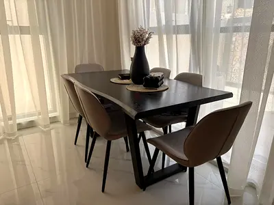 Modern 6-Seater Dining Table with Chairs - Dark Wood Finish