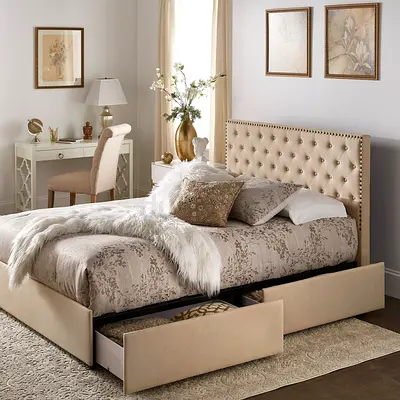 Beige Upholstered Storage Bed with Headboard and Drawers - Queen
