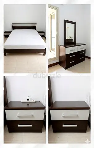 Dark Wood Queen Bed with Matching Dresser and Two Nightstands - Modern Set