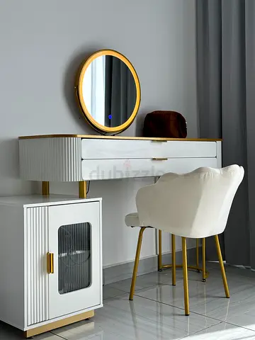White and Gold Vanity Dressing Table with Stool and Mirror