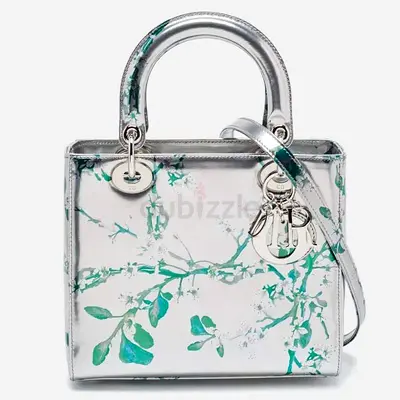 Authentic Dior Metallic Silver/Green Printed Leather Medium Lady Dior Tote