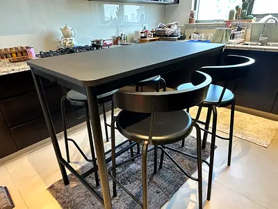 IKEA Modern Black Bar Table Set – 4 Seater Table: 130 cm (L) × 70 cm (W) × 105 cm (H)• Chair height: