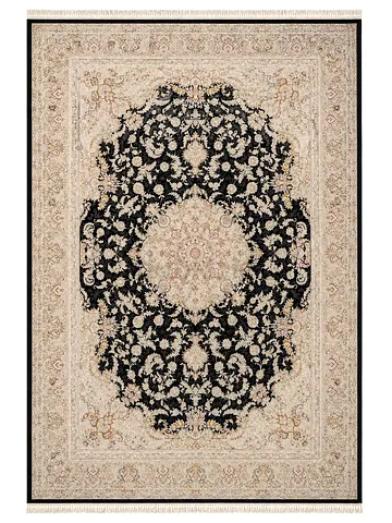 Classic Persian-Style Medallion Area Rug — Beige  Black, Good Condition