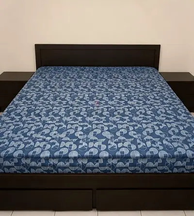 King Size Wooden Bed Frame with Mattress, Two Nightstands - Dark Wood and Vanity Mirror