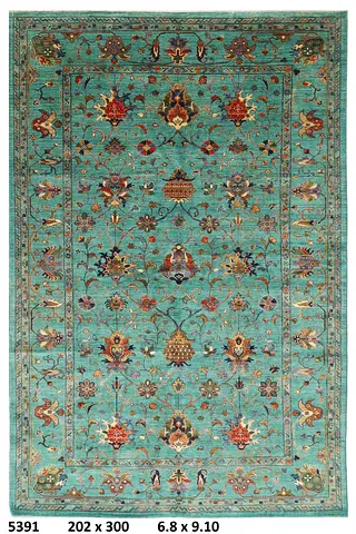 2x3m Hand knotted Afghan wool Turquoise Floral Oriental Rug 202 x 300 cm - Excellent Condition