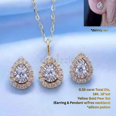 18K Yellow Gold Diamond Pear Pendant  Earrings Set (0.33 ct total) with necklace free