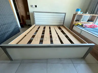 King size Bed with Headboard and Slats - White/Grey for Sale