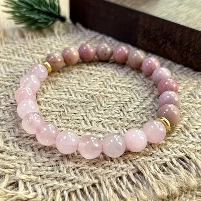 Rose Quartz Beaded Bracelet with Gold Accent rhodonite Beads.