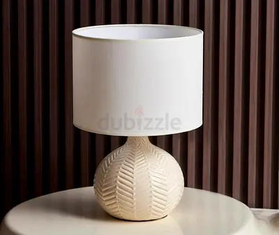 Two Beige Ceramic Table Lamps with Textured Base and White Shade
