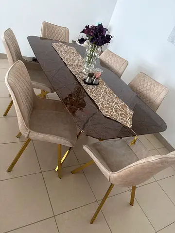 6-Seater Modern Marble Dining Table with Upholstered Chairs (Beige  Gold) from Home Center