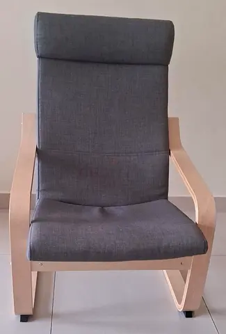 Comfortable High-Back Lounge Chair with Wooden Frame and gray cushion
