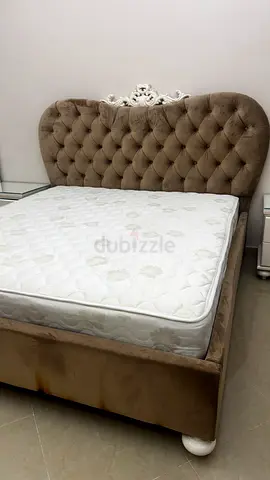 Queen bed with headboard and mattress with two side tables, chest of 5-drawers and study desk
