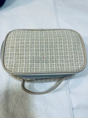 Beige Tweed Cosmetic Makeup Bag with Handle - Good Condition