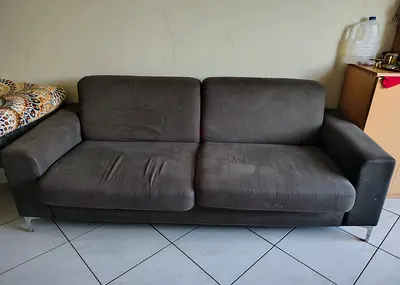 3-seater grey fabric sofa, sturdy metal legs — good used condition