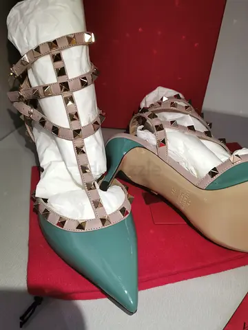 Womens Studded Strappy Pointed-Toe High Heels (Mint  Nude)
