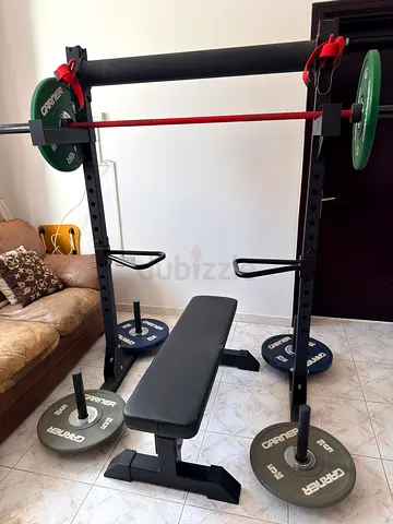 Quick Sale: Half Rack with Dip Bars + Garner 70kg Bumper Plates + Premium RED Cerakote Bar