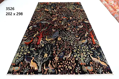 2 x 3 m Handmade Afghan wool Dark Botanical Rug with Birds – 202 x 298 cm