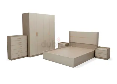 6-Piece Modern Beige Bedroom Set — Bed, Wardrobe, Dresser  Nightstands