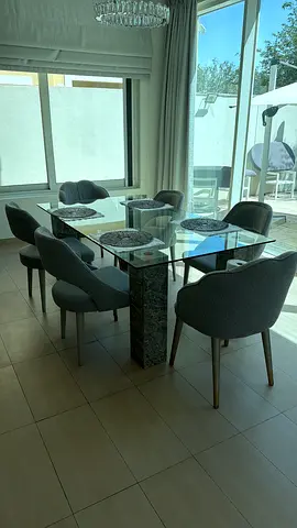 Glass Top Dining Table with 6 Upholstered Chairs - Modern Set