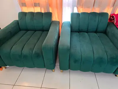 Pair of Green Velvet Lounge Chairs - Comfortable Compact Armchairs