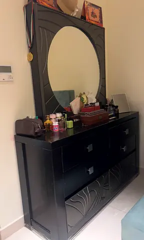 Dark Wood Dresser with Large Round Mirror - Good Condition