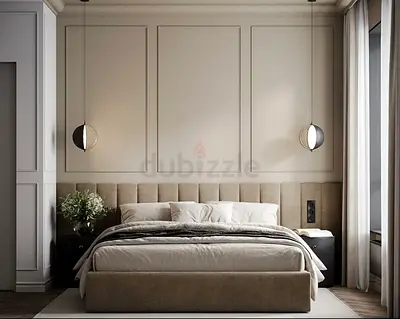 Beige Upholstered King Bed with Padded Headboard