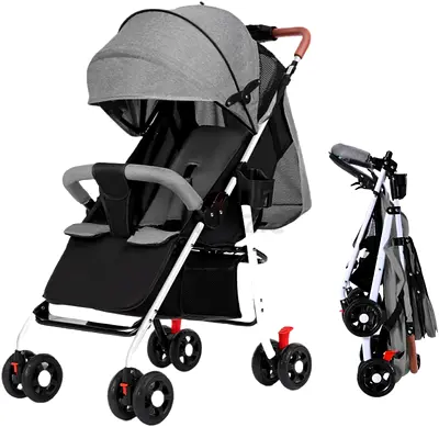 Foldable Travel Baby Stroller Multi Position Recline One Hand Fold Large Storage Basket Grey
