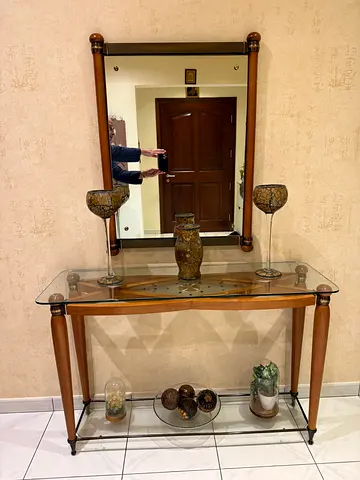 Glass Top Console Table with Wooden Legs and Matching Wall Mirror