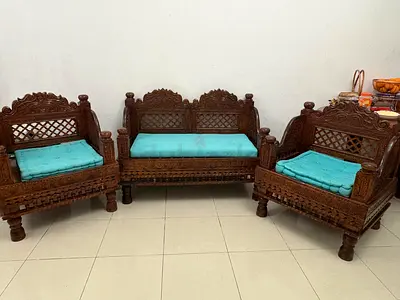 Hand-carved Wooden Sofa Set (3-piece) Teak wood  with Cushions +two peice wooden chair