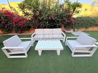 White Outdoor Sofa Set with Coffee Table - 3-Seater + 2 Armchairs