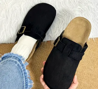 Black Suede Slip-On Clogs with Buckle - Size Not Specified