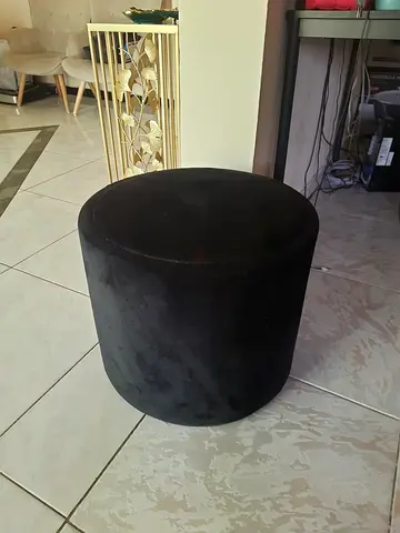 Small Black Velvet Round Ottoman / Pouf